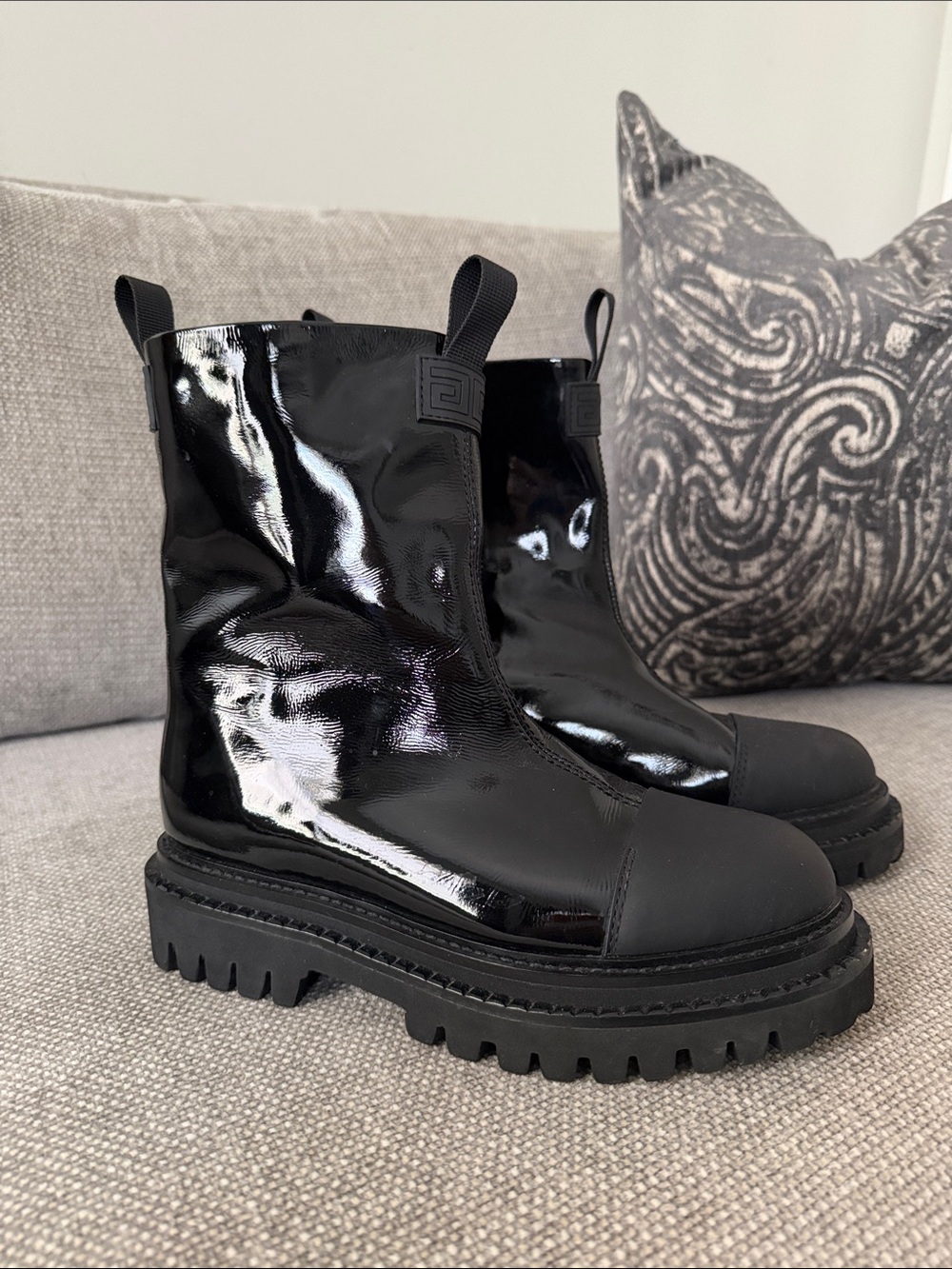 Black Patent Lug Sole Chelsea Boots - Women
